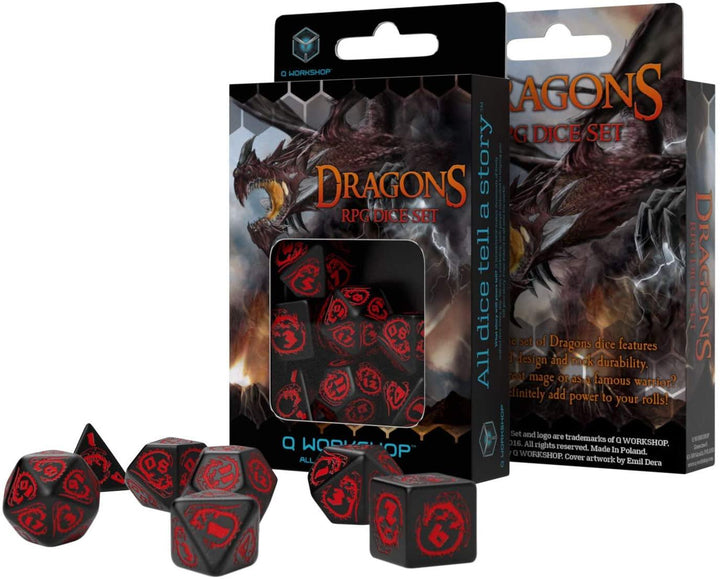 Q-Workshop: Dragons Polyhedral Dice 7ct Set Black &amp; Red - The Hobby Hub