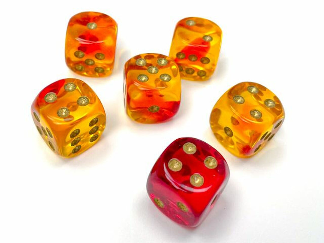 Chessex Gemini 16mm D6 Gemini Translucent Red-Yellow w/Gold Dice (12ct)