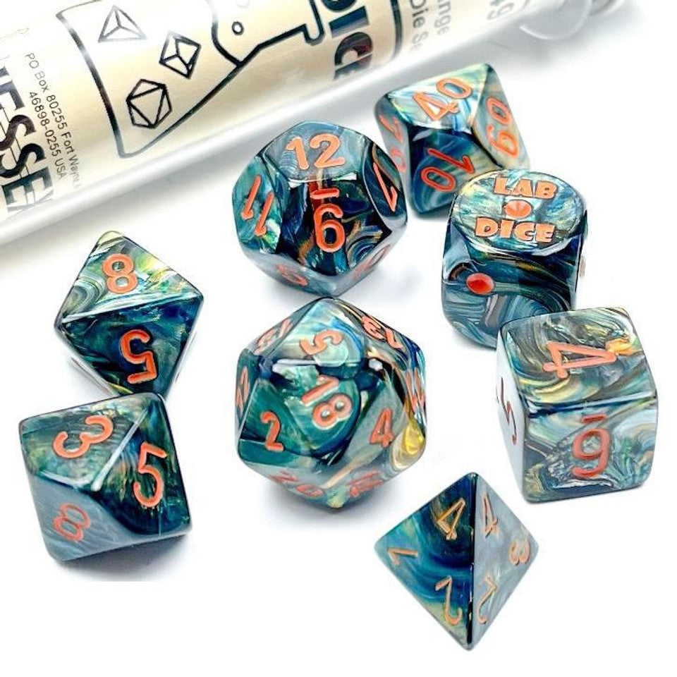 Chessex Dice: Lab Dice 5 Lustrous Polyhedral Alpestris/Orange (7)