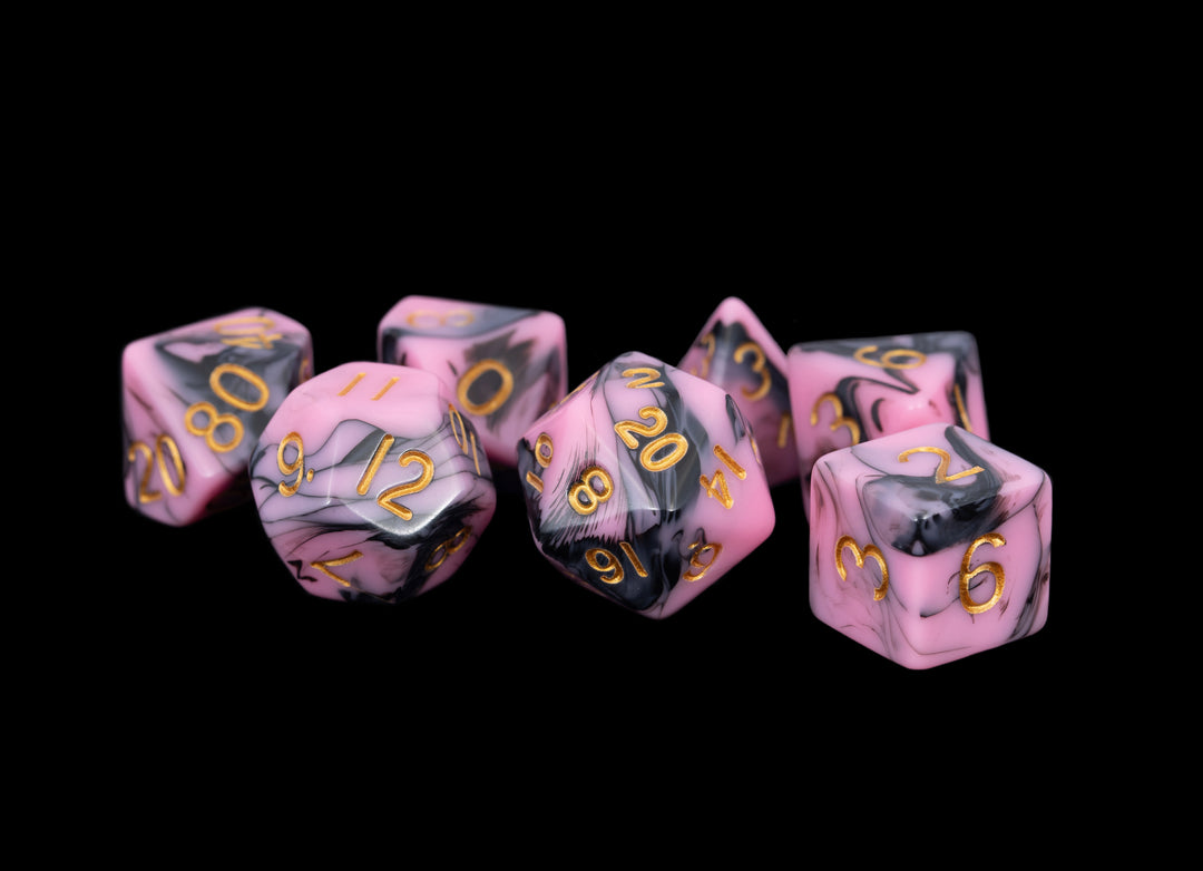Metallic Dice Games - 16mm Acrylic Pink/Black w/Gold (7)