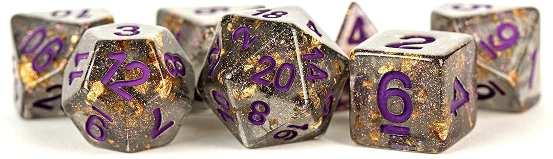 Metallic Dice Games - 16mm Resin Poly Dice Set Gray w/Gold Foil &amp; Purple Numbers