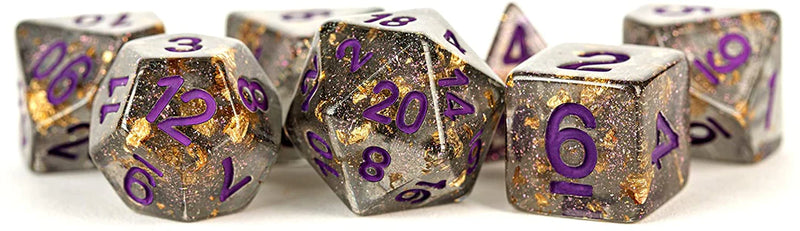 Metallic Dice Games - 16mm Resin Poly Dice Set Gray w/Gold Foil & Purple Numbers