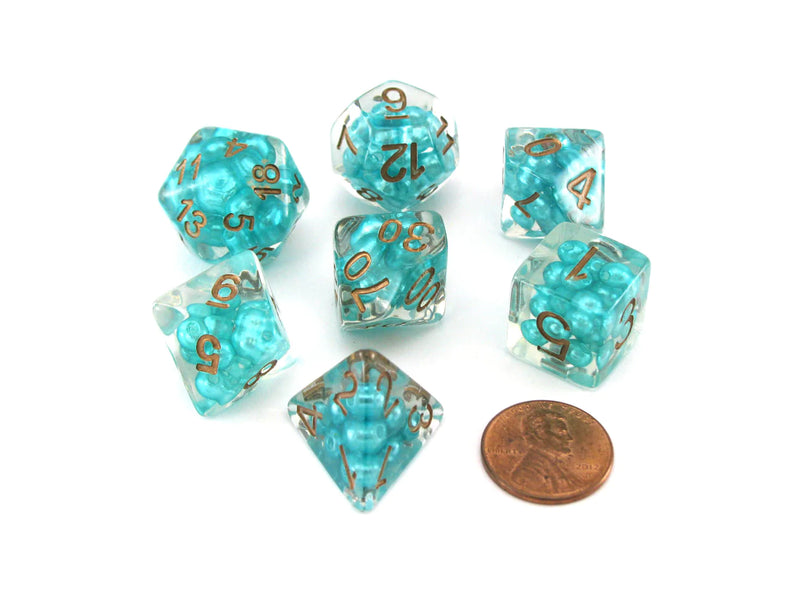 Metallic Dice Games - 16mm Resin Poly Dice Set Pearl Teal w/Copper Numbers