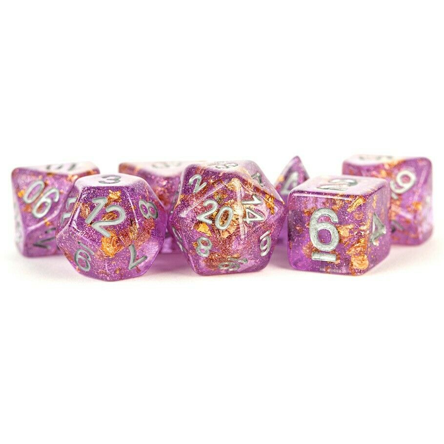 Metallic Dice Games - 16mm Resin Poly Dice Set Purple w/Gold Foil
