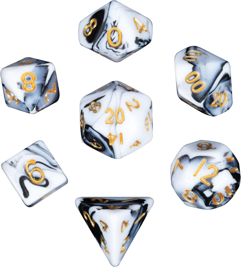 Metallic Dice Games: Mini Polyhedral Dice 7ct Set Marble with Gold Numbers