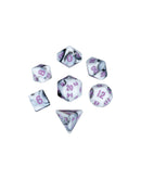 Metallic Dice Games: Mini Polyhedral Dice 7ct Set Marble with Purple Numbers