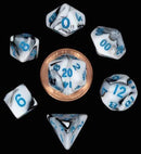 Metallic Dice Games: Mini Polyhedral Dice 7ct Set Marble with Blue Numbers - The Hobby Hub