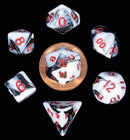 Metallic Dice Games: Mini Polyhedral Dice 7ct Set Marble with Red Numbers - The Hobby Hub