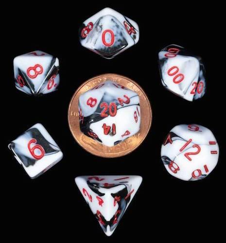 Metallic Dice Games: Mini Polyhedral Dice 7ct Set Marble with Red Numbers - The Hobby Hub