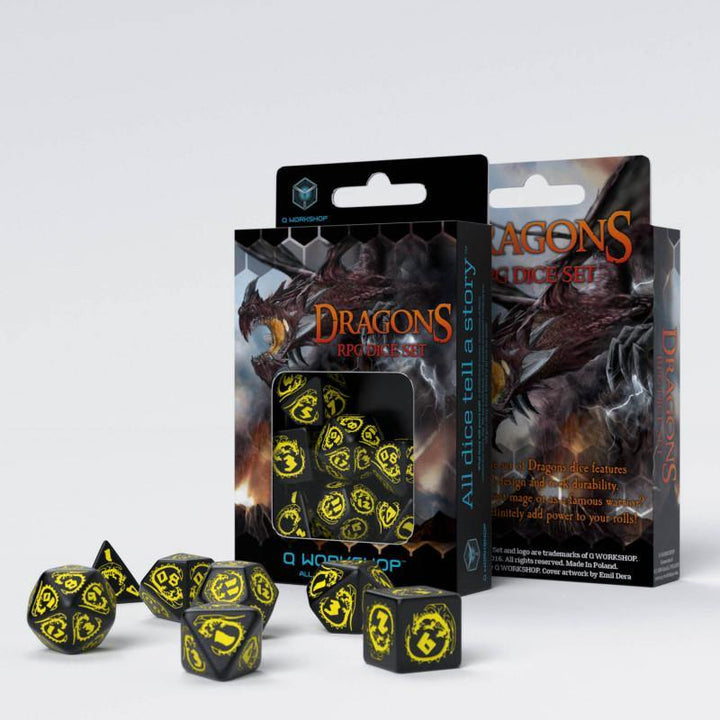 Q-Workshop: Dragons Black &amp; yellow Dice Set (7) - The Hobby Hub