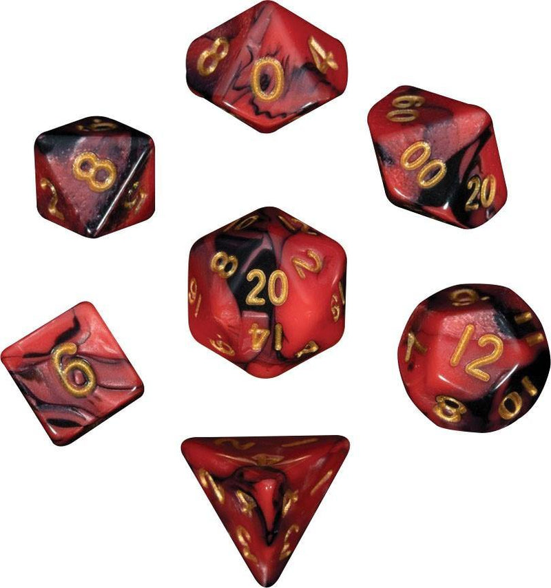 Metallic Dice Games: Red-Black with Gold Numbers 7 ct Dice Set Mini Polyhedral - The Hobby Hub