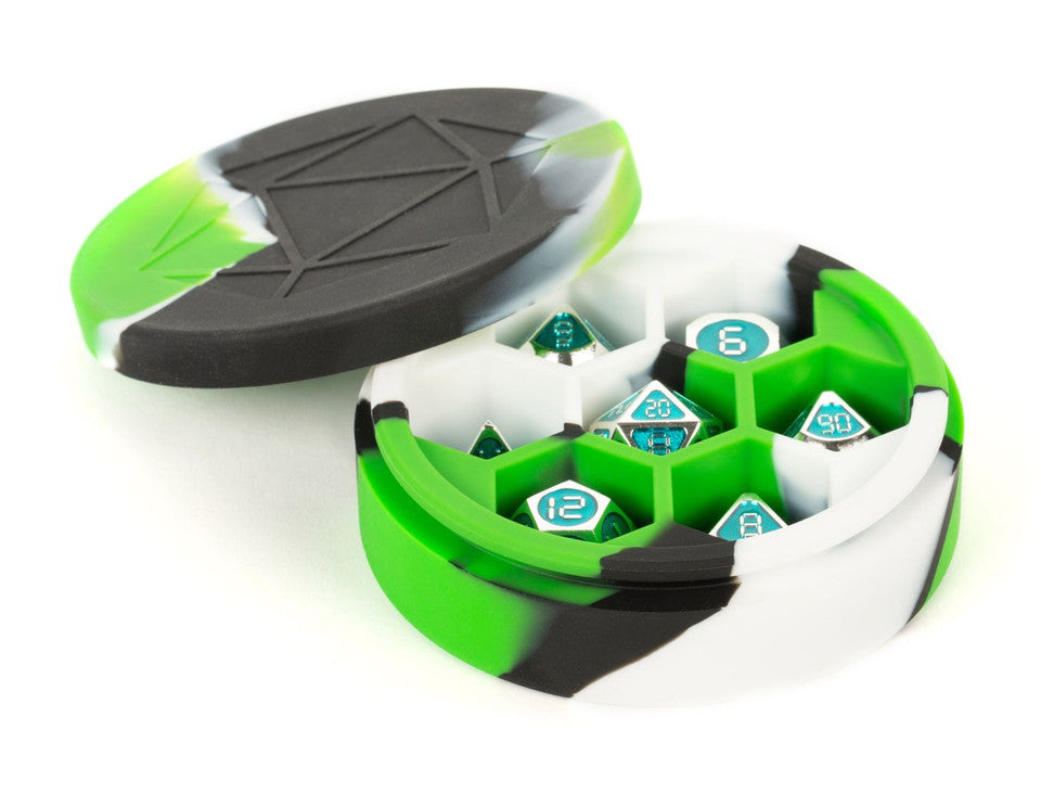 Metallic Dice Games-Silicone Round Dice Case: Green/Black/White
