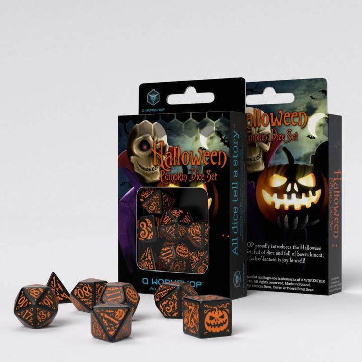 Q-Workshop: Halloween Pumpkin Black &amp; Orange Dice Set - The Hobby Hub